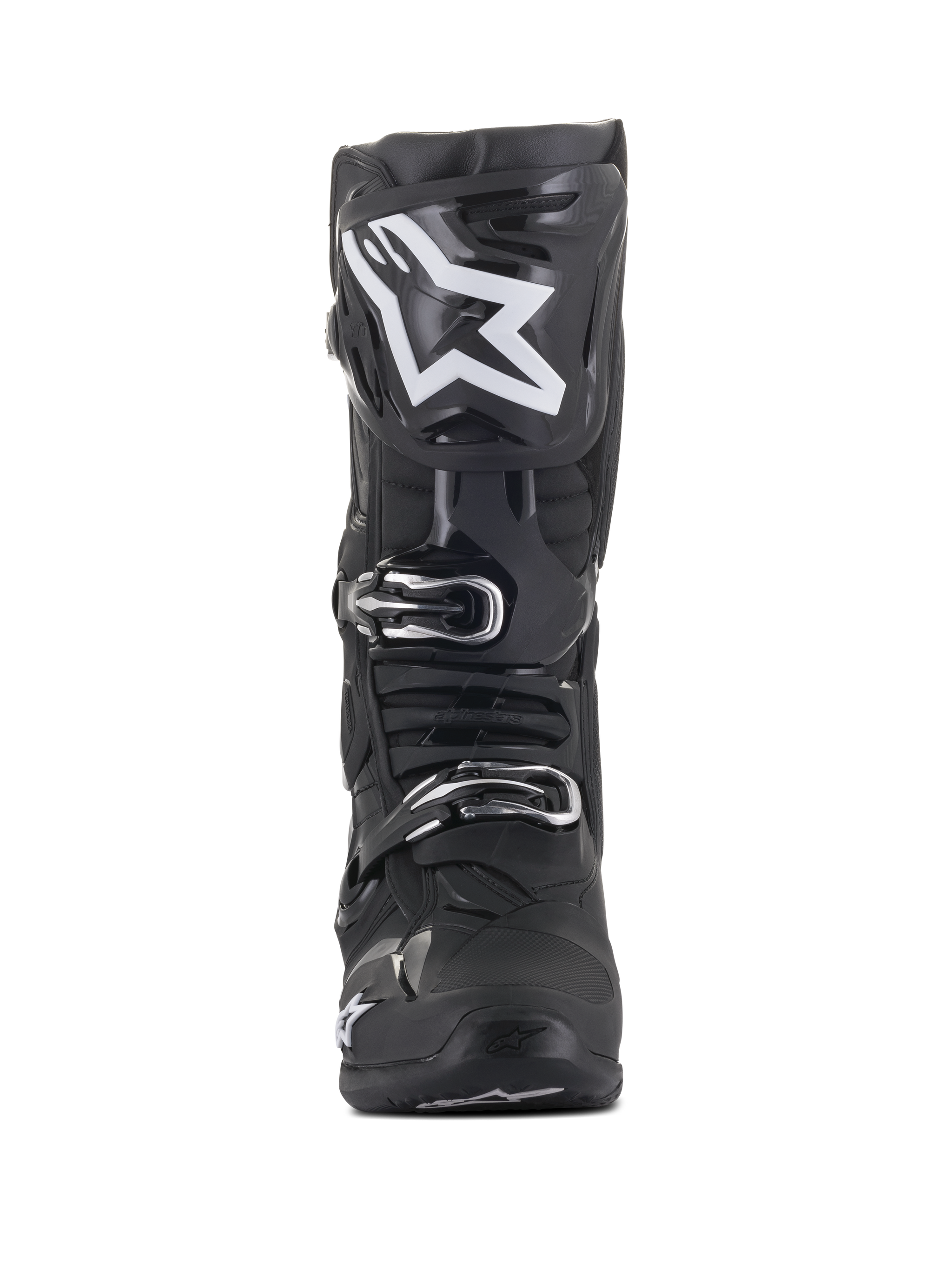 Alpinestars Tech 10 Boots, Motocross Boots, Black with large white star logo on the shin, front view, featuring silver buckles and advanced TPU shell construction for off-road protection.