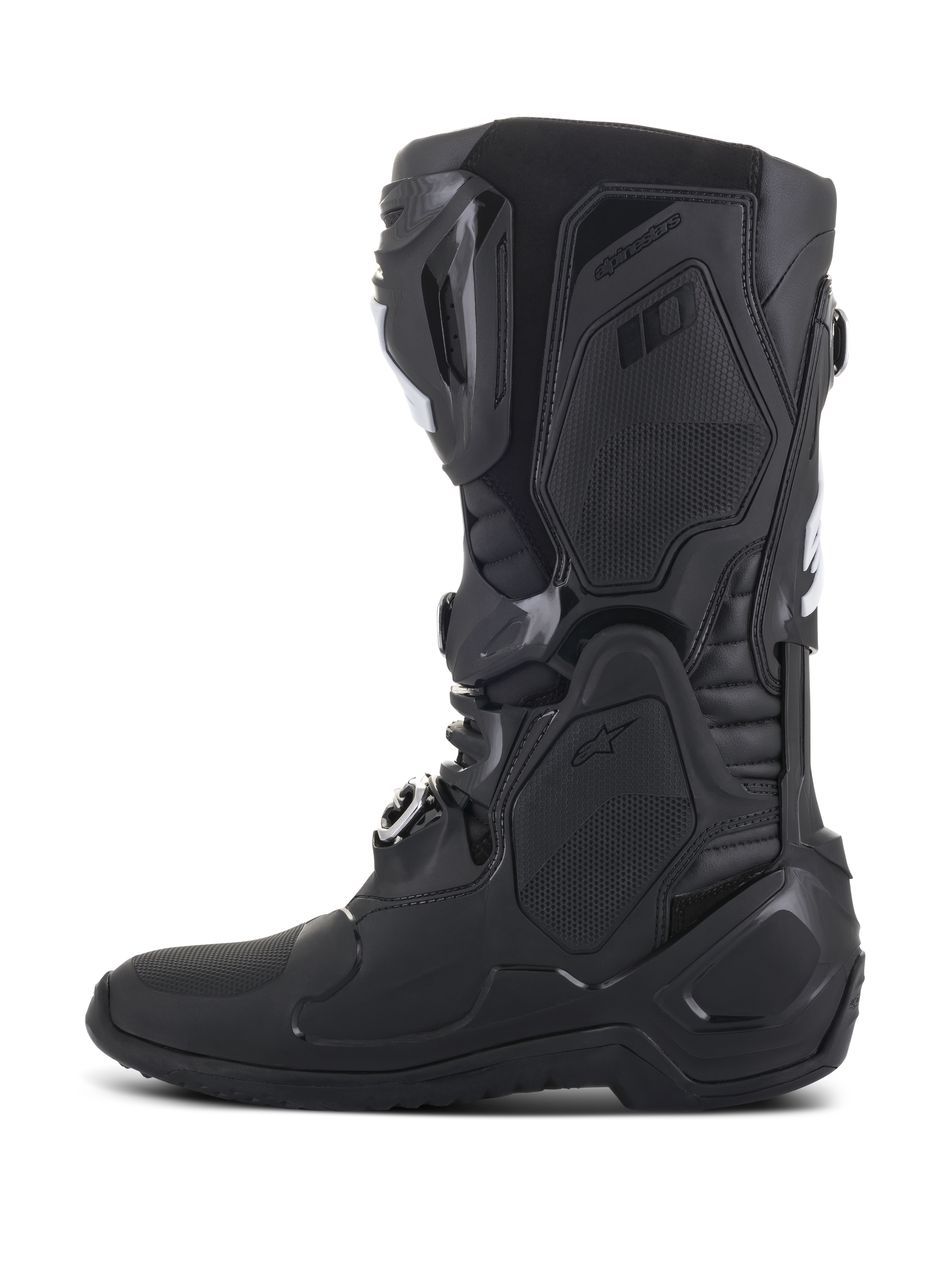 Alpinestars Tech 10 Boots, Black motocross boots, side profile view, featuring advanced TPU shell construction, streamlined design with buckle closures, and textured protective panels for professional off-road racing performance