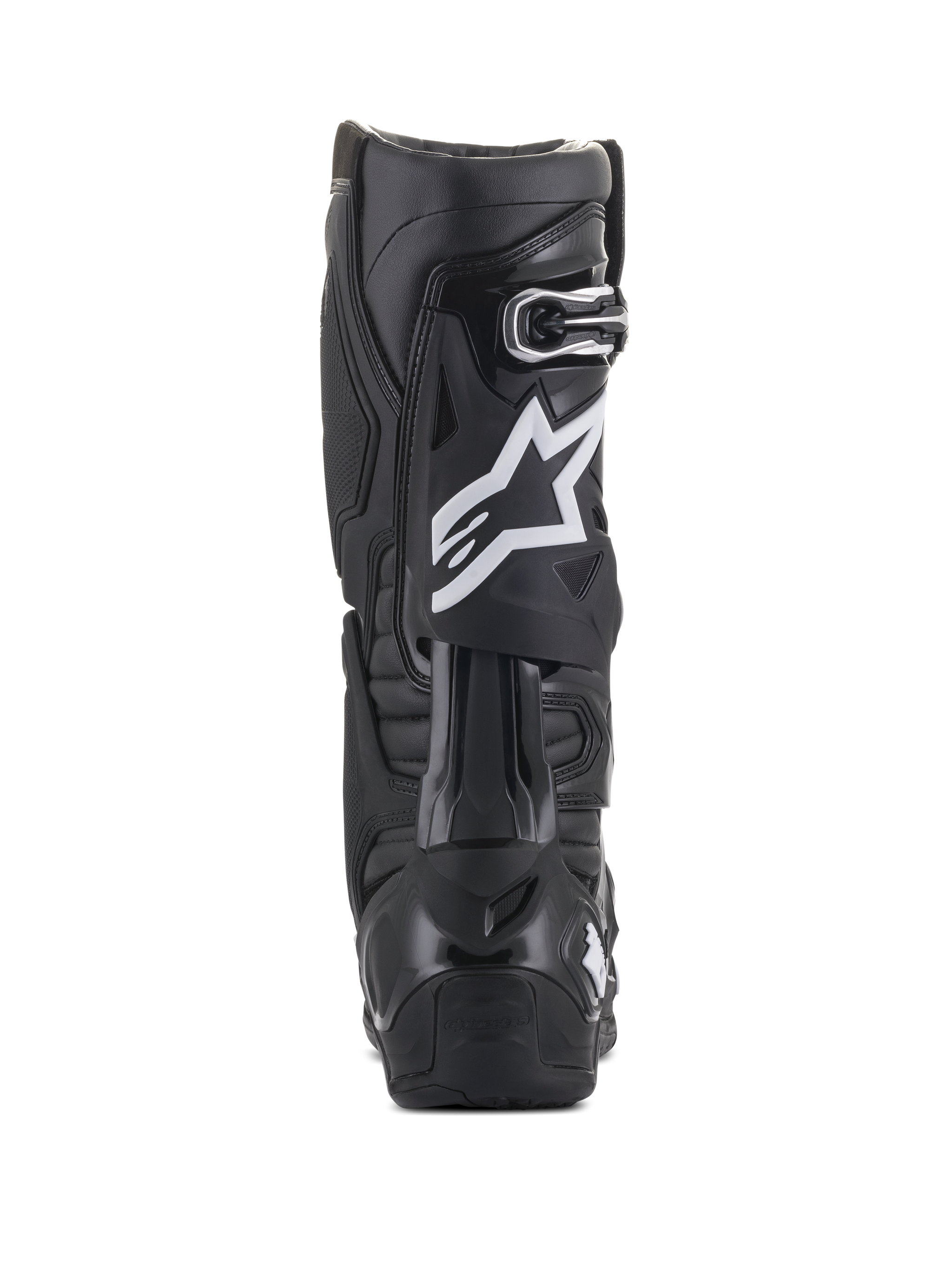 Alpinestars Tech 10 Boots, Black, Rear view featuring white star logo on the calf, durable TPU shell and microfiber construction, designed for high-performance motocross and off-road riding