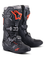 Alpinestars Tech 10 Boots, Motocross Boots, Black and Fluorescent Red, featuring a triple buckle closure system, technical TPU shell, and bold orange logos, professional-grade protective footwear for off-road racing.
