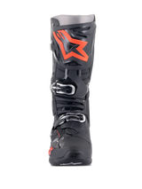 Alpinestars Tech 10 Boots, Motocross Boots, Black and Red Fluo, front view, featuring a large fluorescent red star logo on the shin plate, silver buckles, and a durable black TPU chassis.