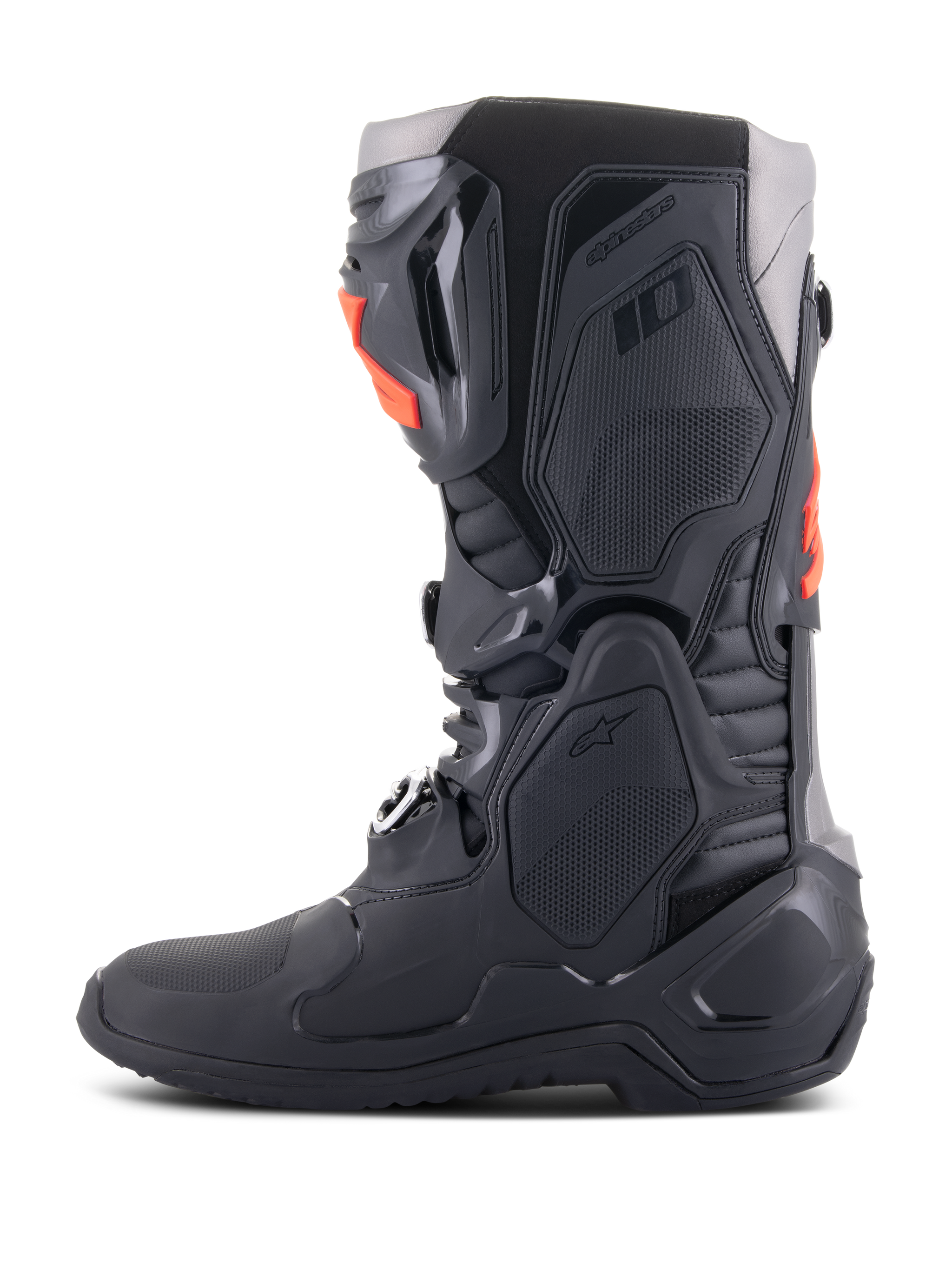 Alpinestars Tech 10 Boots, Motocross Boots, Black and Red Fluo, side profile view, featuring a multi-component chassis with protective TPU plates, aluminum buckles, and a streamlined design for off-road racing.