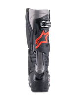 Alpinestars Tech 10 Boots, Motocross Boots, Black and Red Fluo, rear view featuring technical TPU shell, dark grey panels, and a prominent fluorescent red star logo on the calf.