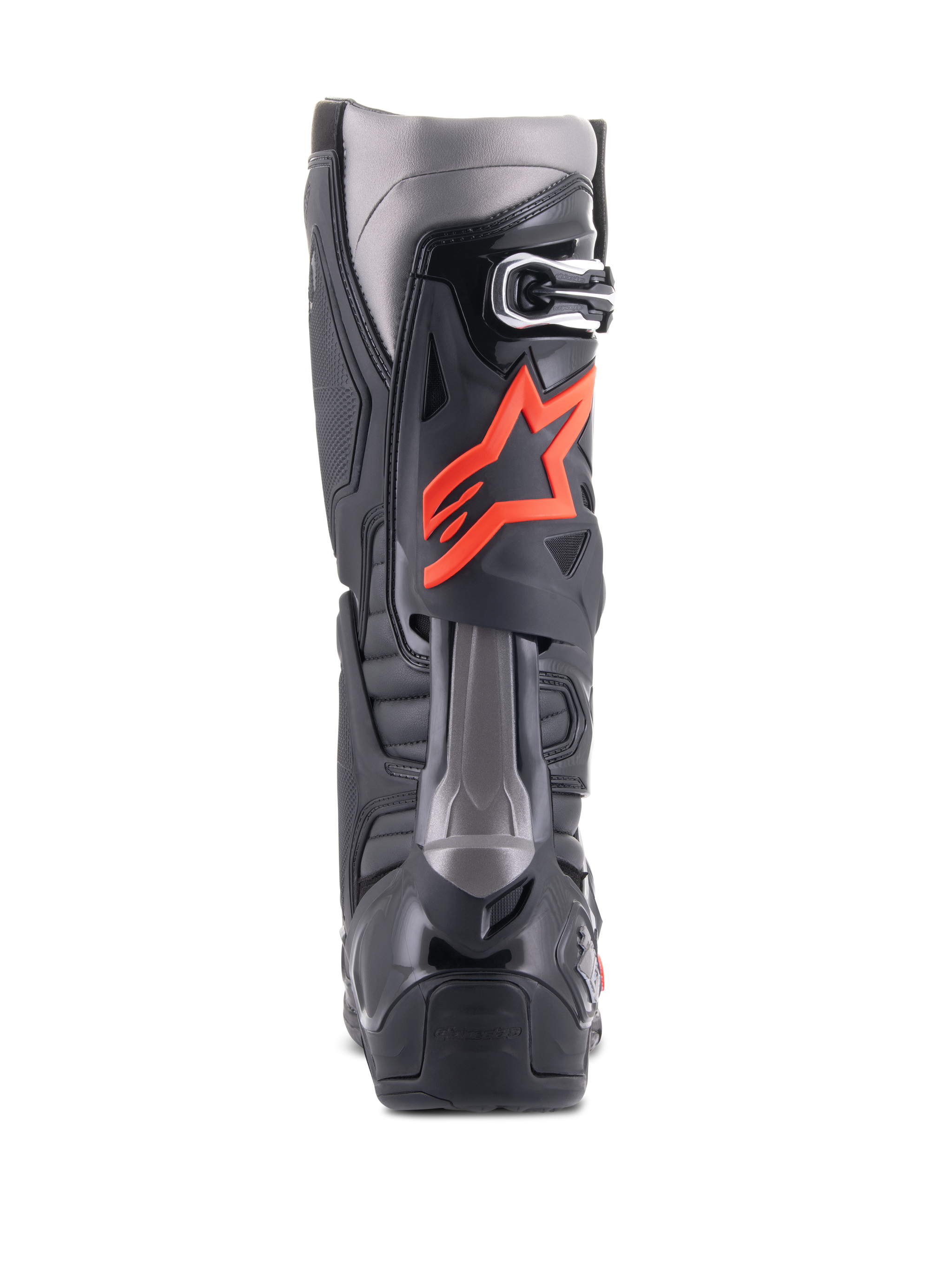 Alpinestars Tech 10 Boots, Motocross Boots, Black and Red Fluo, rear view featuring technical TPU shell, dark grey panels, and a prominent fluorescent red star logo on the calf.