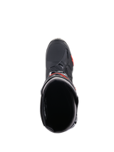 Alpinestars Tech 10 Boots, Motocross Boots, Black and Red Fluo, top-down view looking into the boot opening, featuring a streamlined black shell with red accents and textured toe area