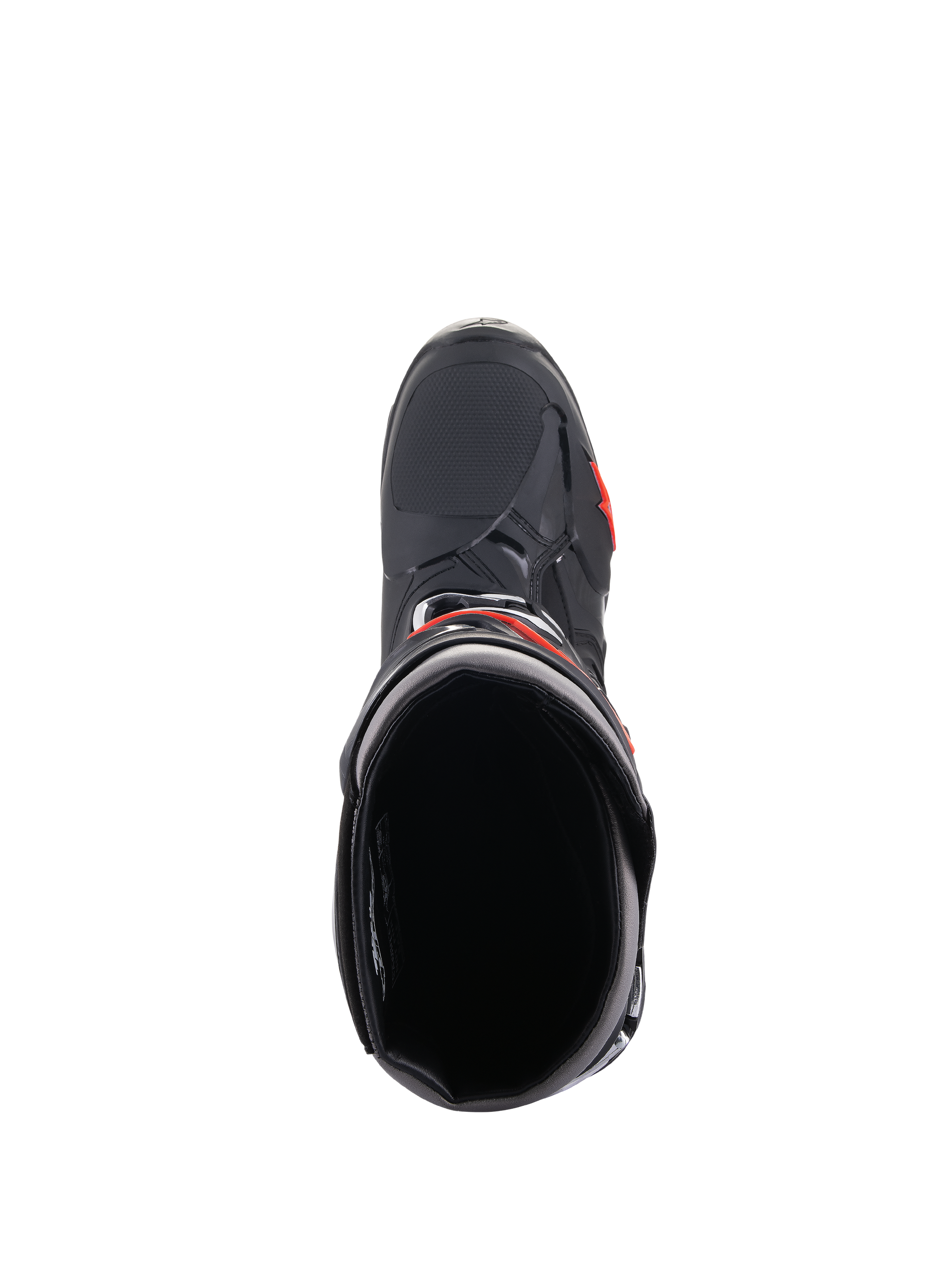 Alpinestars Tech 10 Boots, Motocross Boots, Black and Red Fluo, top-down view looking into the boot opening, featuring a streamlined black shell with red accents and textured toe area