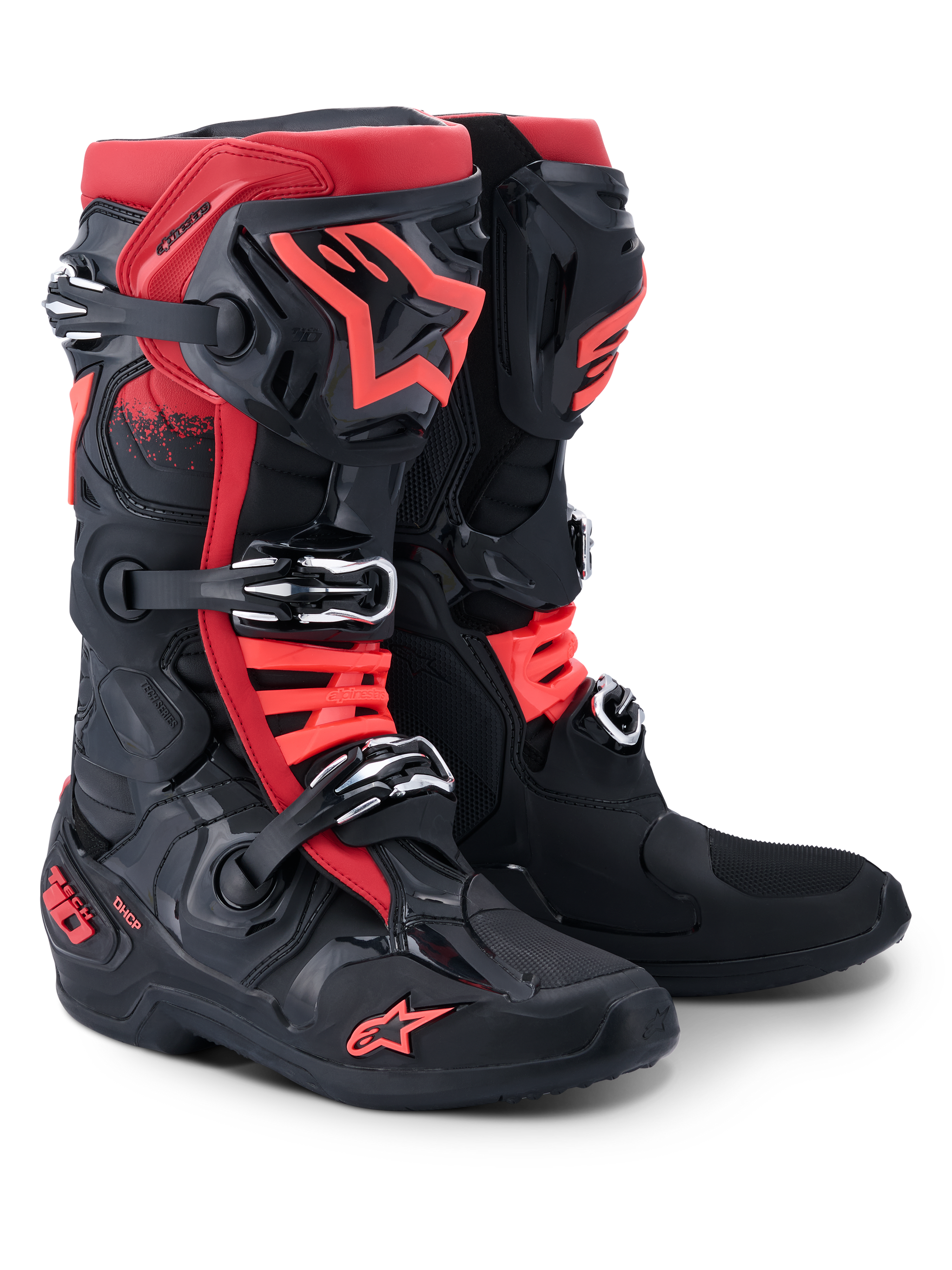 Alpinestars Tech 10 Boots, Motocross Boots, Black and Red, featuring a triple buckle closure system, red Alpinestars star logo on the shin and toe, DHCP branding on the heel, professional-grade protective design for off-road racing