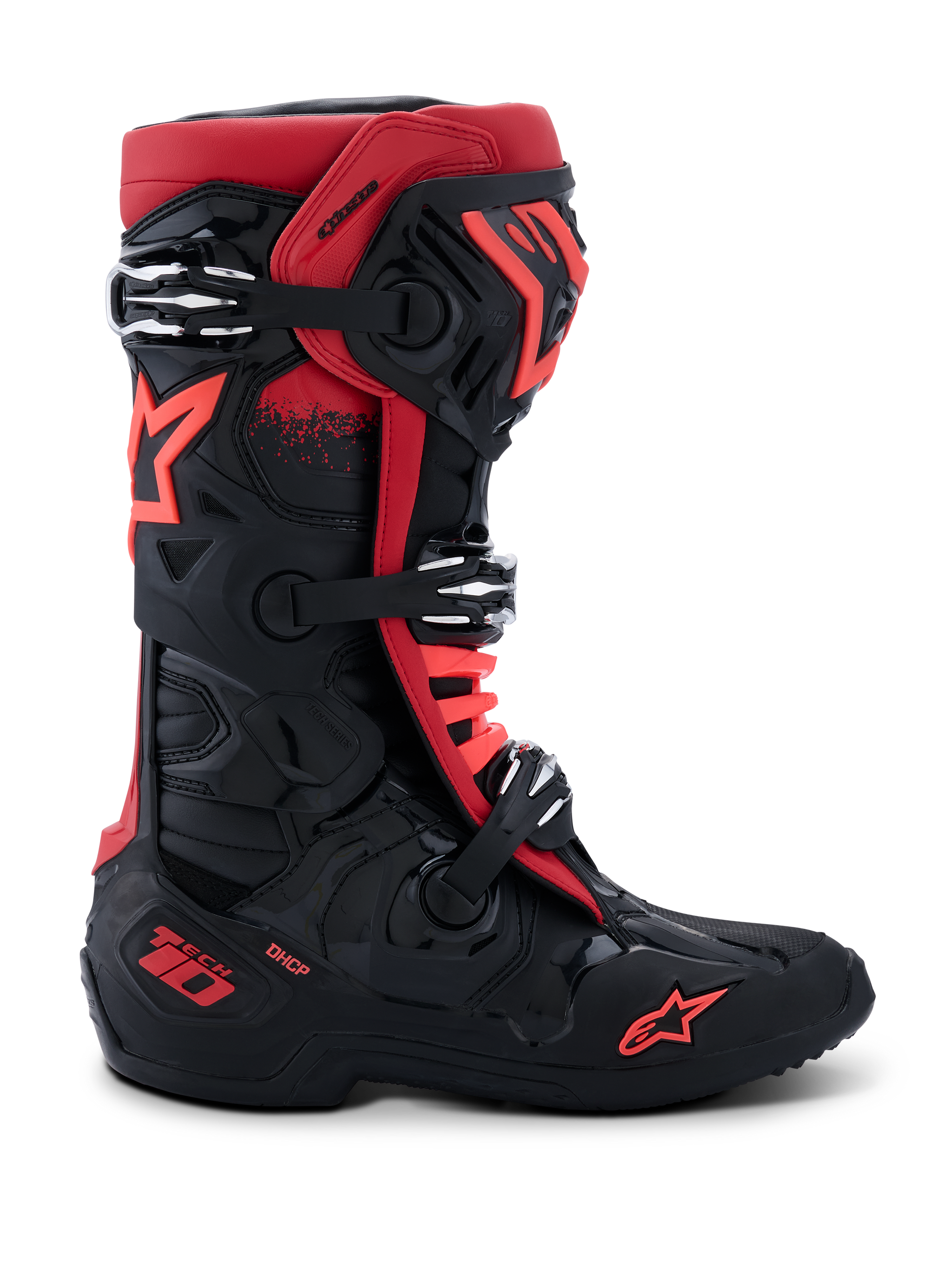 Alpinestars Tech 10 Boots, Motocross Boots, Black and Red, side profile view, three silver aluminum buckles, red star logo on the side and ankle, DHCP technology branding on the heel, reinforced protective chassis for off-road racing.