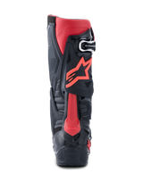 Alpinestars Tech 10 Boots, Motocross Boots, Black and Red, rear profile view featuring red Astars logo, Dynamic Heel Compression Protector, and robust TPU chassis for high-performance off-road racing.