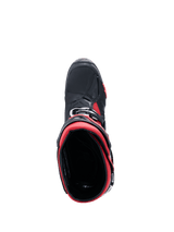 Alpinestars Tech 10 Motocross Boots, Black and Red, top-down view looking into the boot opening, highlighting the red interior lining and black outer chassis with red accents, sleek professional off-road gear design