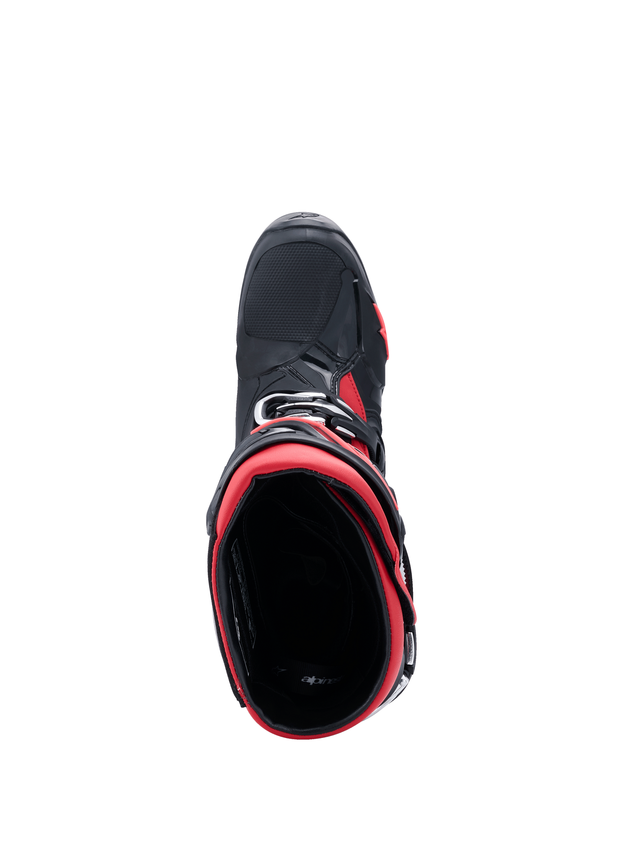 Alpinestars Tech 10 Motocross Boots, Black and Red, top-down view looking into the boot opening, highlighting the red interior lining and black outer chassis with red accents, sleek professional off-road gear design