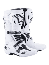 Alpinestars Tech 10 Motocross Boots, White with black accents, rugged high-cut design featuring a triple buckle closure system, TPU shell protection, and advanced flexion control, professional off-road racing footwear