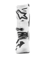 Alpinestars Tech 10 Boots, White Motocross Boots, frontal view featuring a black Astars logo on the shin plate, multiple buckle closure system, and streamlined protective design for off-road racing