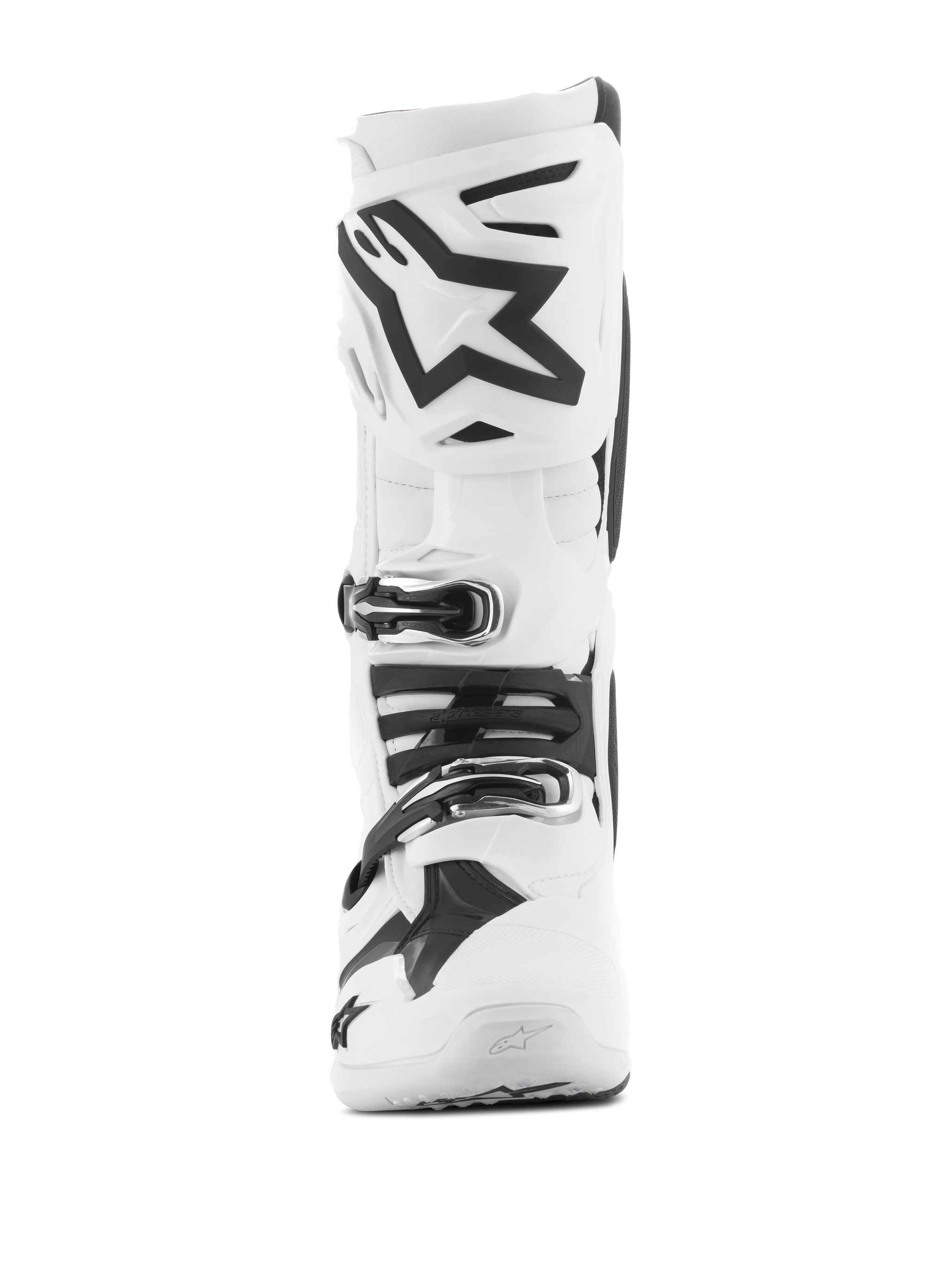 Alpinestars Tech 10 Boots, White Motocross Boots, frontal view featuring a black Astars logo on the shin plate, multiple buckle closure system, and streamlined protective design for off-road racing