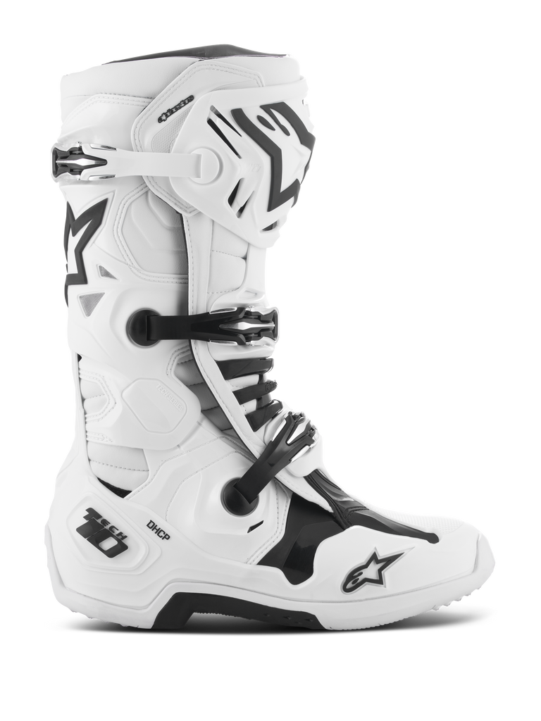 Alpinestars Tech 10 Boots, Motocross Racing Boots, White and Black, triple buckle closure system, reinforced TPU shell with 'Tech 10' and 'DHCP' branding, thick rugged sole, CE certified protective footwear for off-road racing