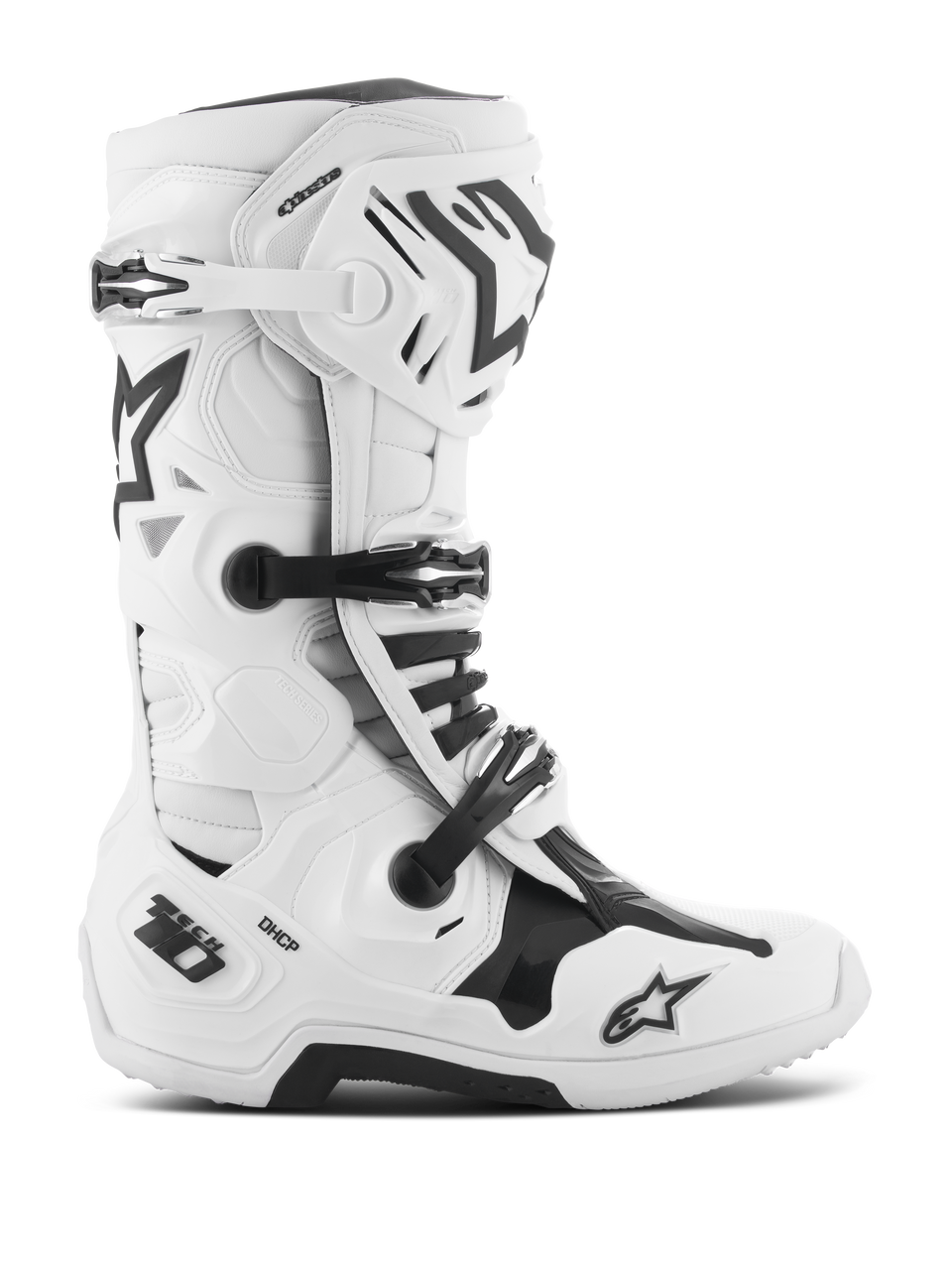 Alpinestars Tech 10 Boots, Motocross Racing Boots, White and Black, triple buckle closure system, reinforced TPU shell with 'Tech 10' and 'DHCP' branding, thick rugged sole, CE certified protective footwear for off-road racing