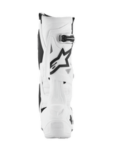 Alpinestars Tech 10 Boots, Motocross Boots, White with black accents, rear view featuring the black Astar logo and buckle closure, advanced protective design for off-road racing