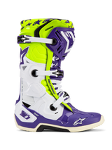Alpinestars Tech 10 Dirt Studios® LE Boots, Motocross Boots, Purple White and Yellow Fluo, side profile featuring white adjustable buckles, star pattern graphics, protective TPU components, and rugged sole for off-road performance