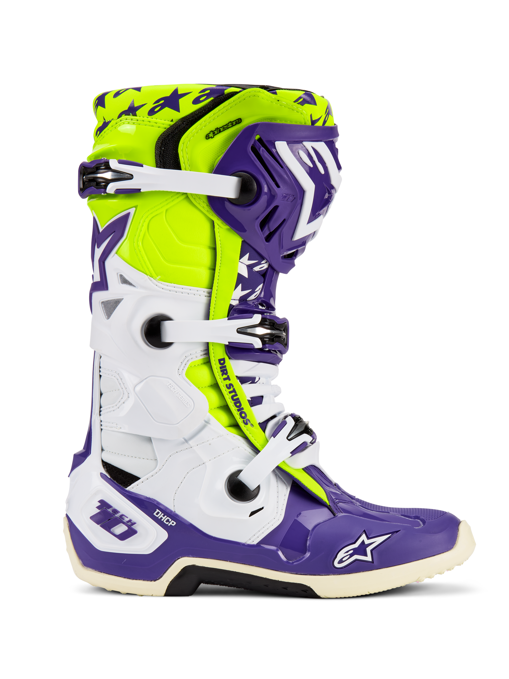 Alpinestars Tech 10 Dirt Studios® LE Boots, Motocross Boots, Purple White and Yellow Fluo, side profile featuring white adjustable buckles, star pattern graphics, protective TPU components, and rugged sole for off-road performance