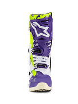 Alpinestars Tech 10 Dirt Studios® LE Boots, Motocross Boots, Purple White and Yellow Fluo, front view featuring a large white logo on a purple shin plate, multi-buckle closure system, and durable protective shell for off-road racing