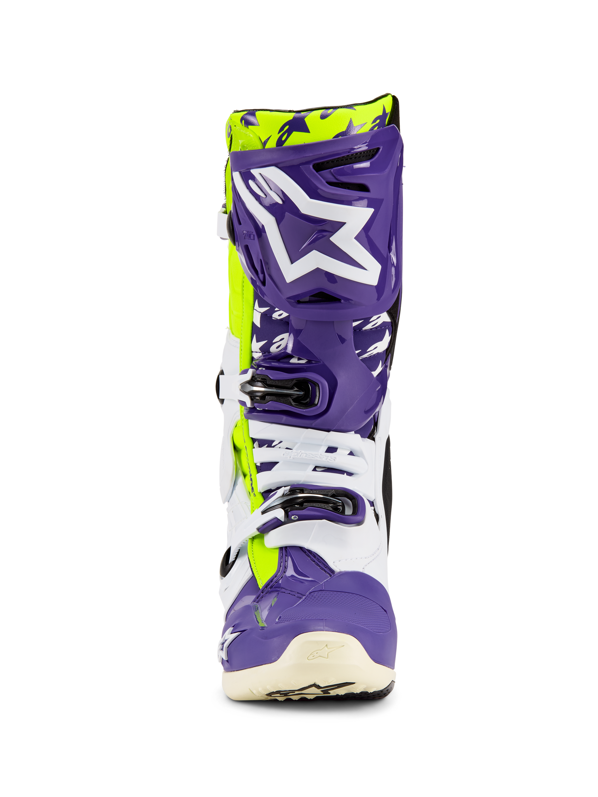 Alpinestars Tech 10 Dirt Studios® LE Boots, Motocross Boots, Purple White and Yellow Fluo, front view featuring a large white logo on a purple shin plate, multi-buckle closure system, and durable protective shell for off-road racing