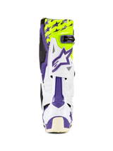 Alpinestars Tech 10 Dirt Studios® LE Boots, Motocross Boots, White Purple and Yellow Fluo, rear view, featuring purple star graphics on a fluorescent yellow background, white TPU shell with purple accents, professional off-road protective footwear