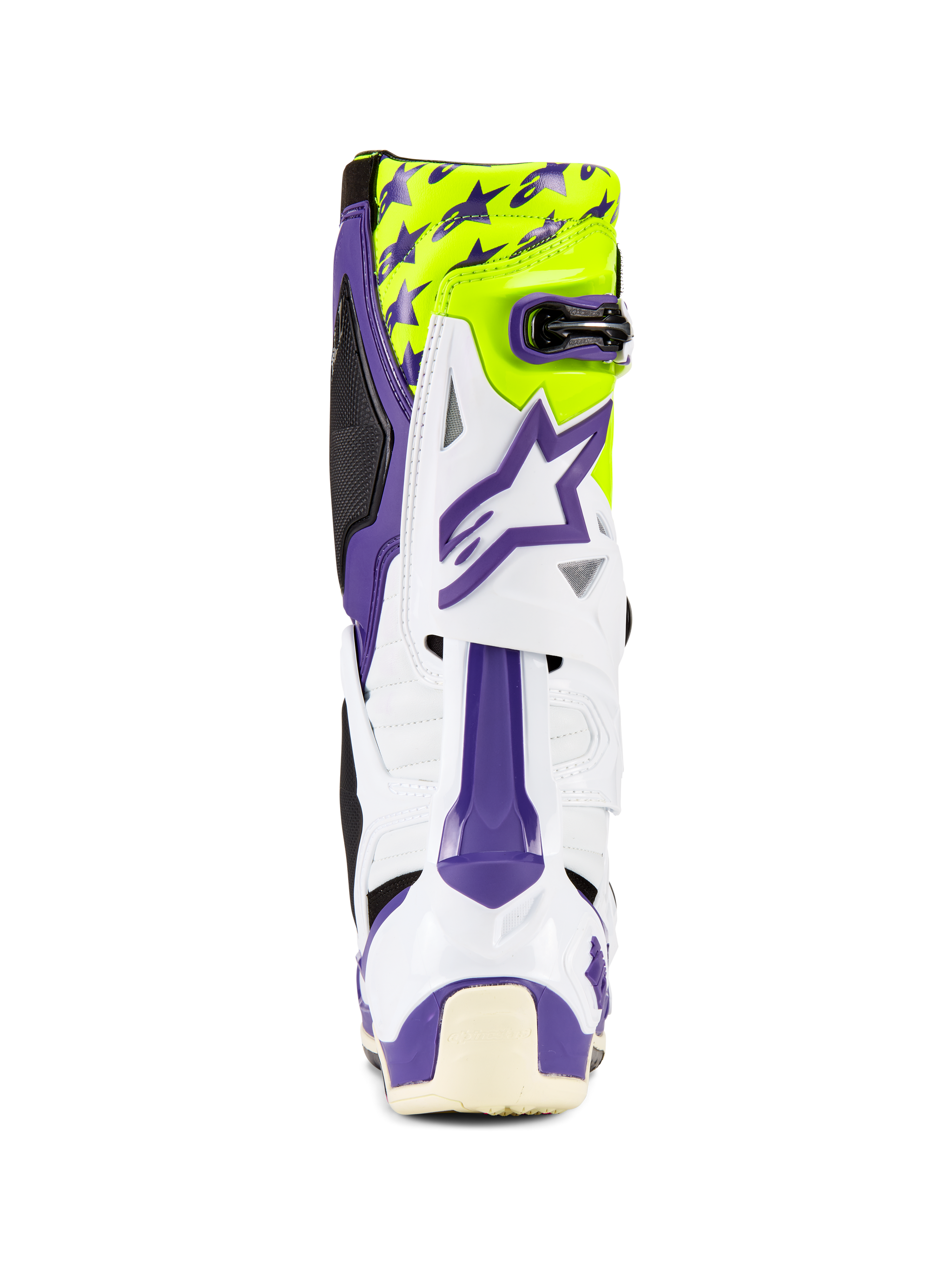Alpinestars Tech 10 Dirt Studios® LE Boots, Motocross Boots, White Purple and Yellow Fluo, rear view, featuring purple star graphics on a fluorescent yellow background, white TPU shell with purple accents, professional off-road protective footwear