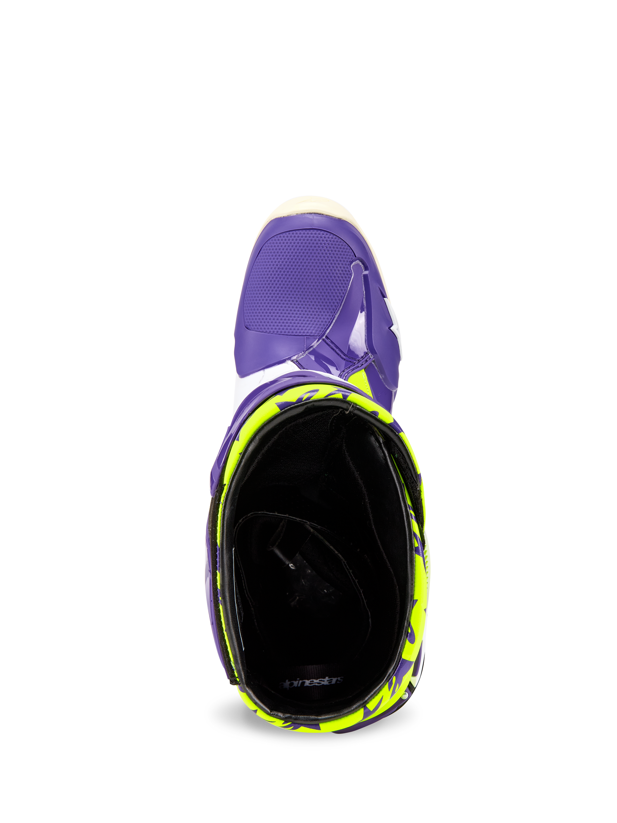 Alpinestars Tech 10 Dirt Studios® LE Boots, top-down view looking into the ankle opening, purple shell with fluo yellow patterns, black interior lining, high-performance motocross footwear.