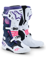 Alpinestars Tech 10 Boots, Motocross Boots, White Violet Navy Blue and Pink Fluo, featuring a triple-buckle closure system, navy and purple panels, and bright pink accents on the straps and logos, professional-grade off-road racing footwear.