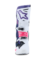 Alpinestars Tech 10 Boots, Motocross Boots, White Violet Navy Blue and Pink Fluo, front view, featuring a white protective shell with a violet top section, purple star logo, and bright pink buckle accents, professional-grade off-road footwear