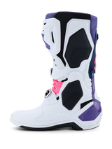 Alpinestars Tech 10 Boots, Motocross Boots, White Violet Navy Blue and Pink Fluo, side profile featuring a white main chassis with violet, navy, and neon pink accents, protective TPU panels, and a sleek design for off-road performance