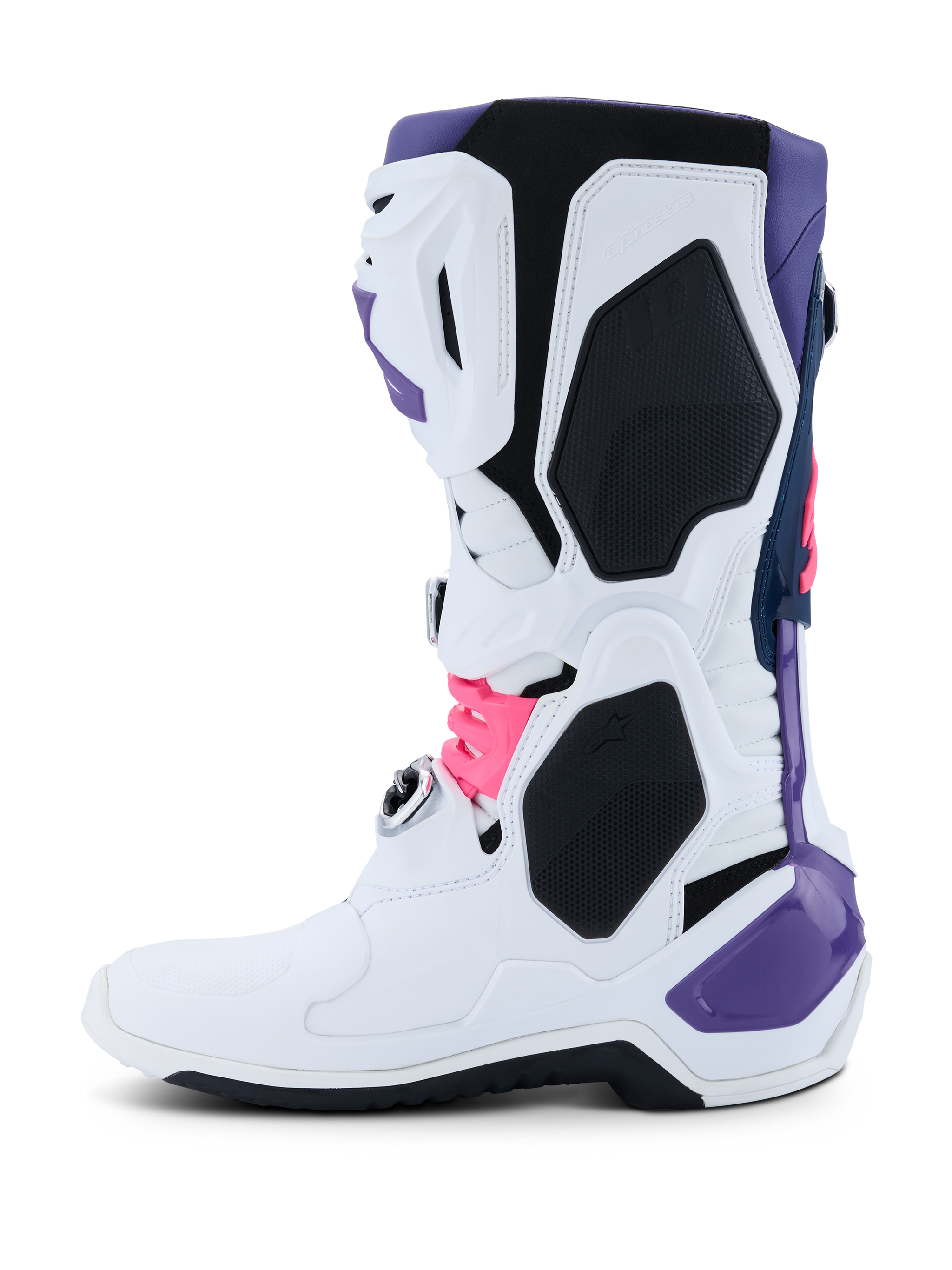 Alpinestars Tech 10 Boots, Motocross Boots, White Violet Navy Blue and Pink Fluo, side profile featuring a white main chassis with violet, navy, and neon pink accents, protective TPU panels, and a sleek design for off-road performance