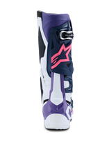 Alpinestars Tech 10 Boots, Motocross Boots, White Violet Navy Blue and Pink Fluo, rear view featuring pink Alpinestars star logo, violet heel protector, and high-performance multi-colored protective panels