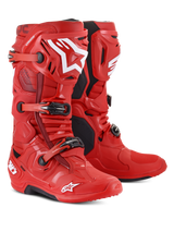 Alpinestars Tech 10 Boots, Motocross Boots, Red with white logos, featuring triple buckle closure system and black soles, durable off-road racing footwear
