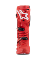 Alpinestars Tech 10 Boots, Motocross Boots, Red, front view featuring a large white Alpinestars logo on the shin plate, black buckle closures, and durable TPU shell for off-road racing performance.