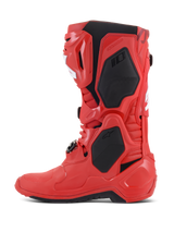Alpinestars Tech 10 Boots, Motocross Boots, Bright Red, side profile featuring black protective panels and white accents, professional off-road racing footwear with TPU shell and buckle system