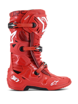 Alpinestars Tech 10 Boots, Motocross Racing Boots, Red with white and black accents, side profile view featuring triple buckle closure system, reinforced TPU shell, white star logos, and DHCP technology branding