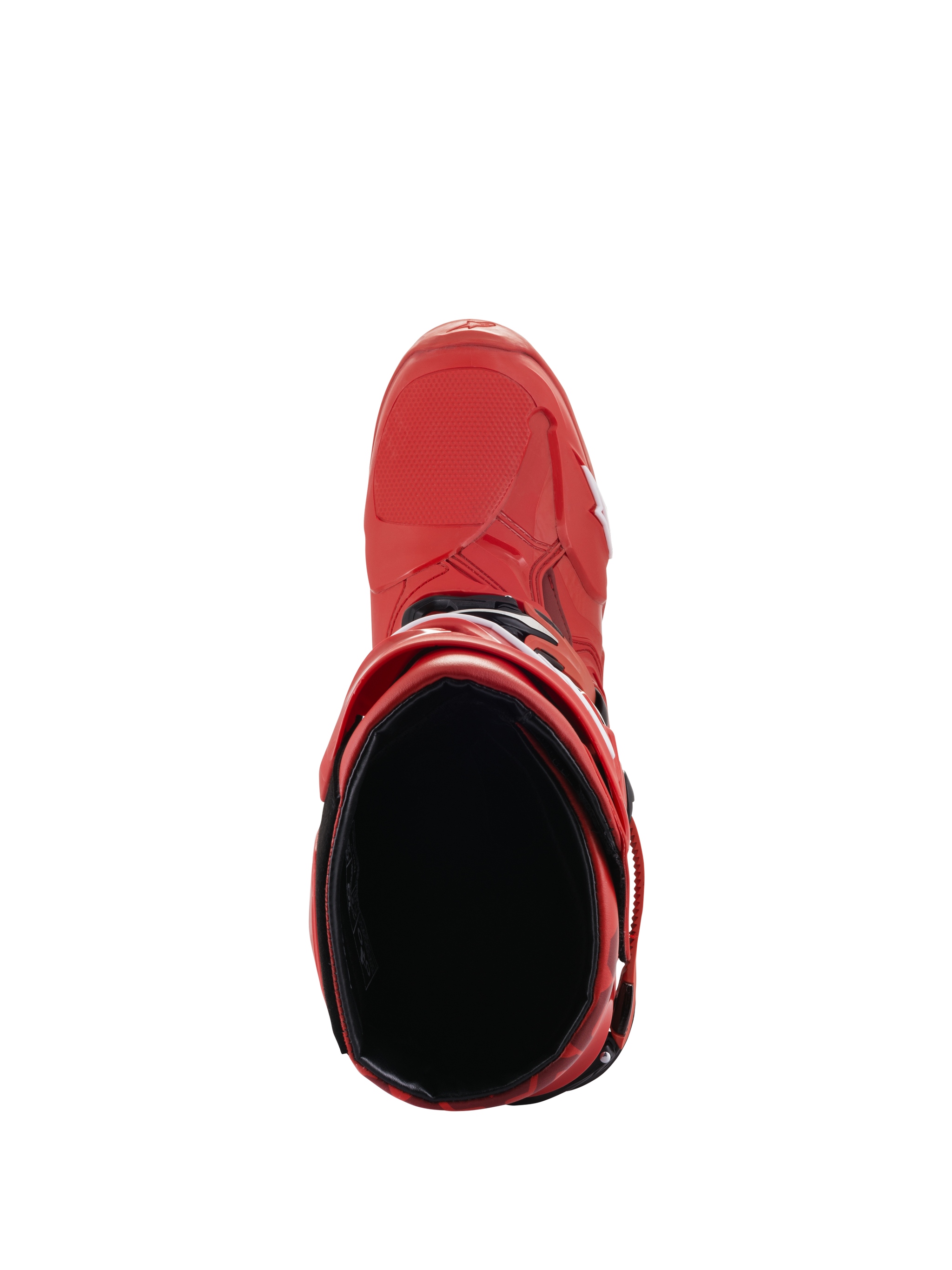 Alpinestars Tech 10 Boots, Red, Top-down view into the boot interior, Motocross Boots, featuring black lining and red TPU shell, professional performance off-road footwear