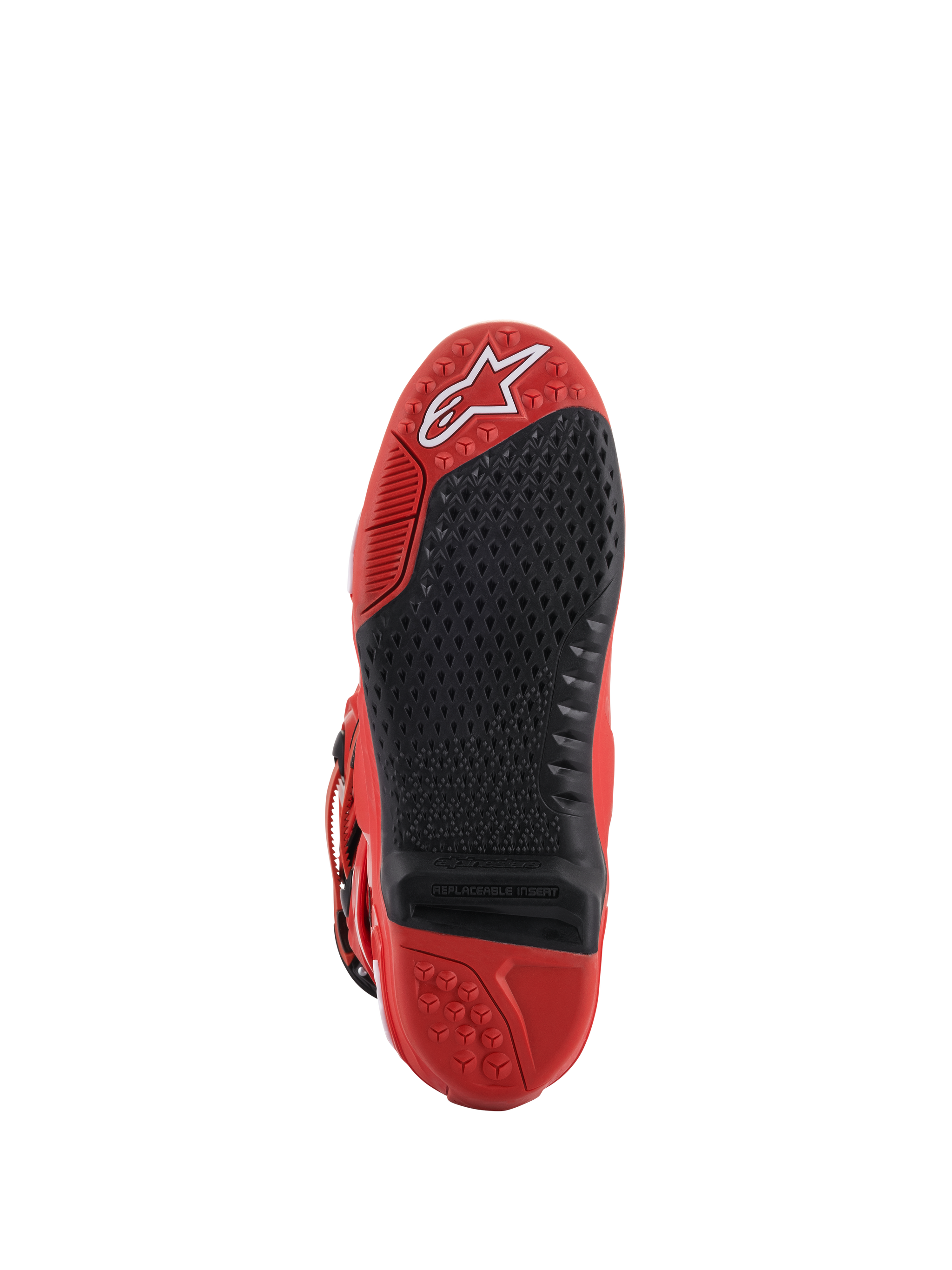 Alpinestars Tech 10 Boots, Red, Sole View, featuring a black replaceable central insert with micro-grip texture, white Alpinestars logo on the toe, durable rubber construction for motocross racing
