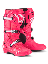 Alpinestars Tech 10 Boots, Motocross Boots, Diva Pink and White, featuring a lightweight composite construction with a triple buckle system, TPU protective shell, and iconic star logo on the shin and toe, professional off-road racing footwear.