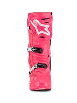 Alpinestars Tech 10 Boots, Motocross Boots, Diva Pink and White, front view, featuring white star logo on the shin plate, durable TPU shell with black and white buckles, professional off-road racing footwear