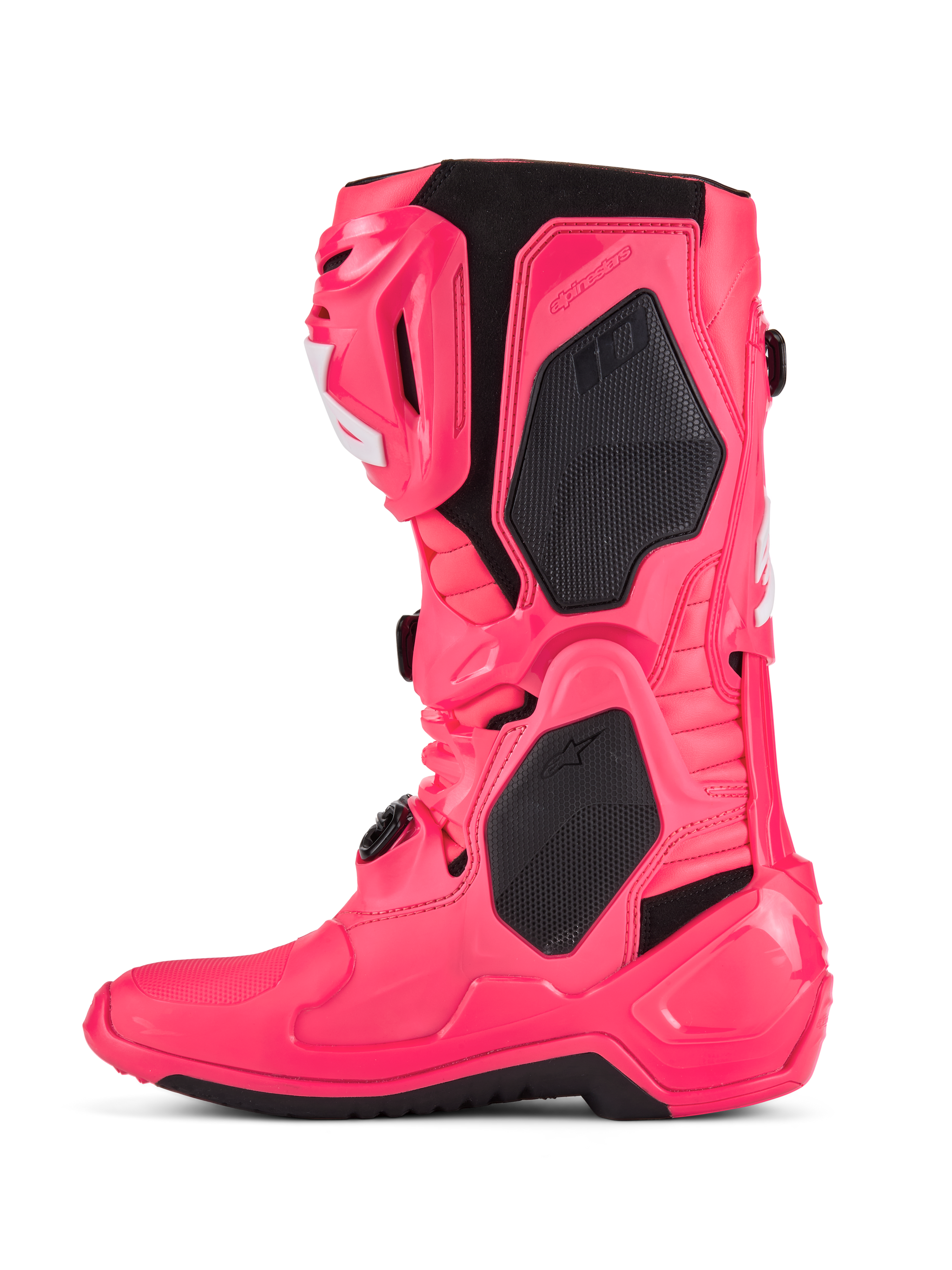 Alpinestars Tech 10 Boots, Motocross Boots, Diva Pink and White, featuring black TPU protection panels, articulated flex frame, and rugged off-road design.