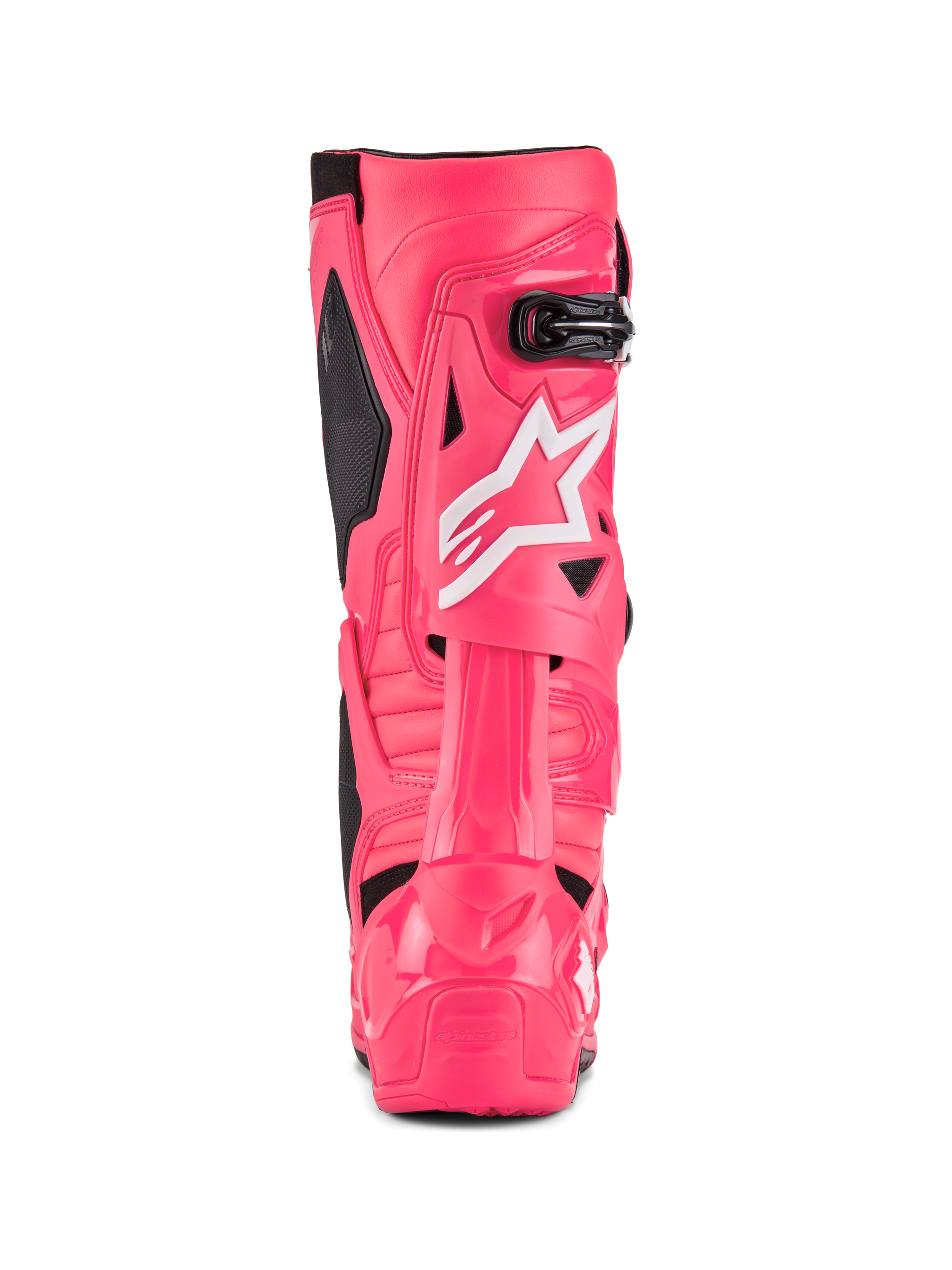 Alpinestars Tech 10 Boots, Motocross Boots, Diva Pink and White, rear view featuring white Alpinestars star logo, black accents, and structured heel and calf protection, professional off-road racing footwear