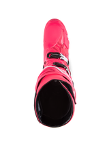 Alpinestars Tech 10 Boots, Motocross Boots, Diva Pink and White, top-down view looking into the black interior lining, pink outer shell with white and black buckle accents, performance off-road footwear