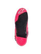 Alpinestars Tech 10 Boots, Motocross Boots, Diva Pink and Black, bottom sole view featuring textured tread, replaceable footpeg insert, and signature Astars logo, designed for superior grip and durability.