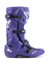 Alpinestars Tech 10 Boots, Motocross Off-Road Boots, Ultraviolet Purple with Black and White accents, featuring triple buckle closure, white star logos, Tech 10 branding on the heel, rugged sole, high-performance protective footwear