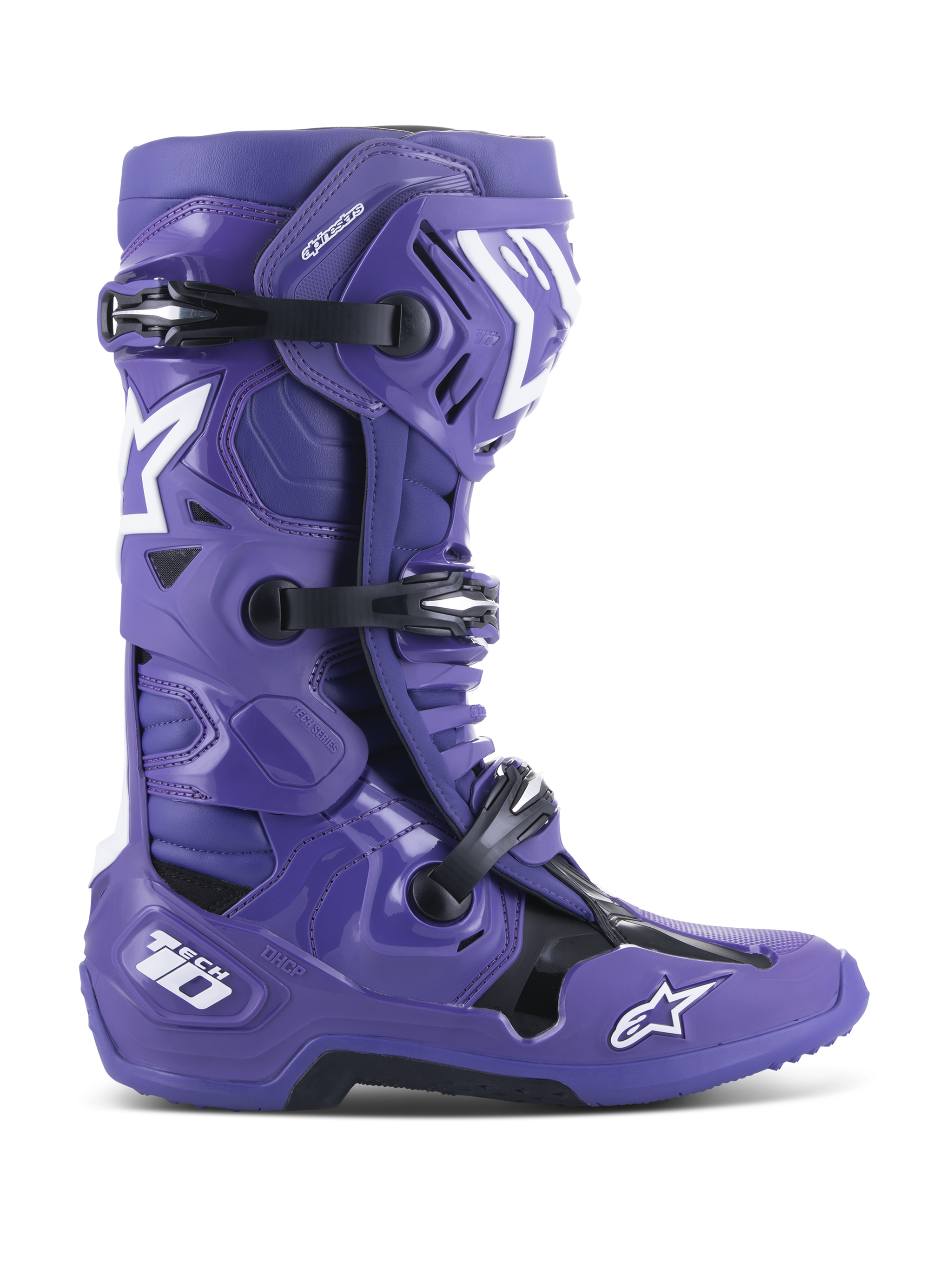 Alpinestars Tech 10 Boots, Motocross Off-Road Boots, Ultraviolet Purple with Black and White accents, featuring triple buckle closure, white star logos, Tech 10 branding on the heel, rugged sole, high-performance protective footwear