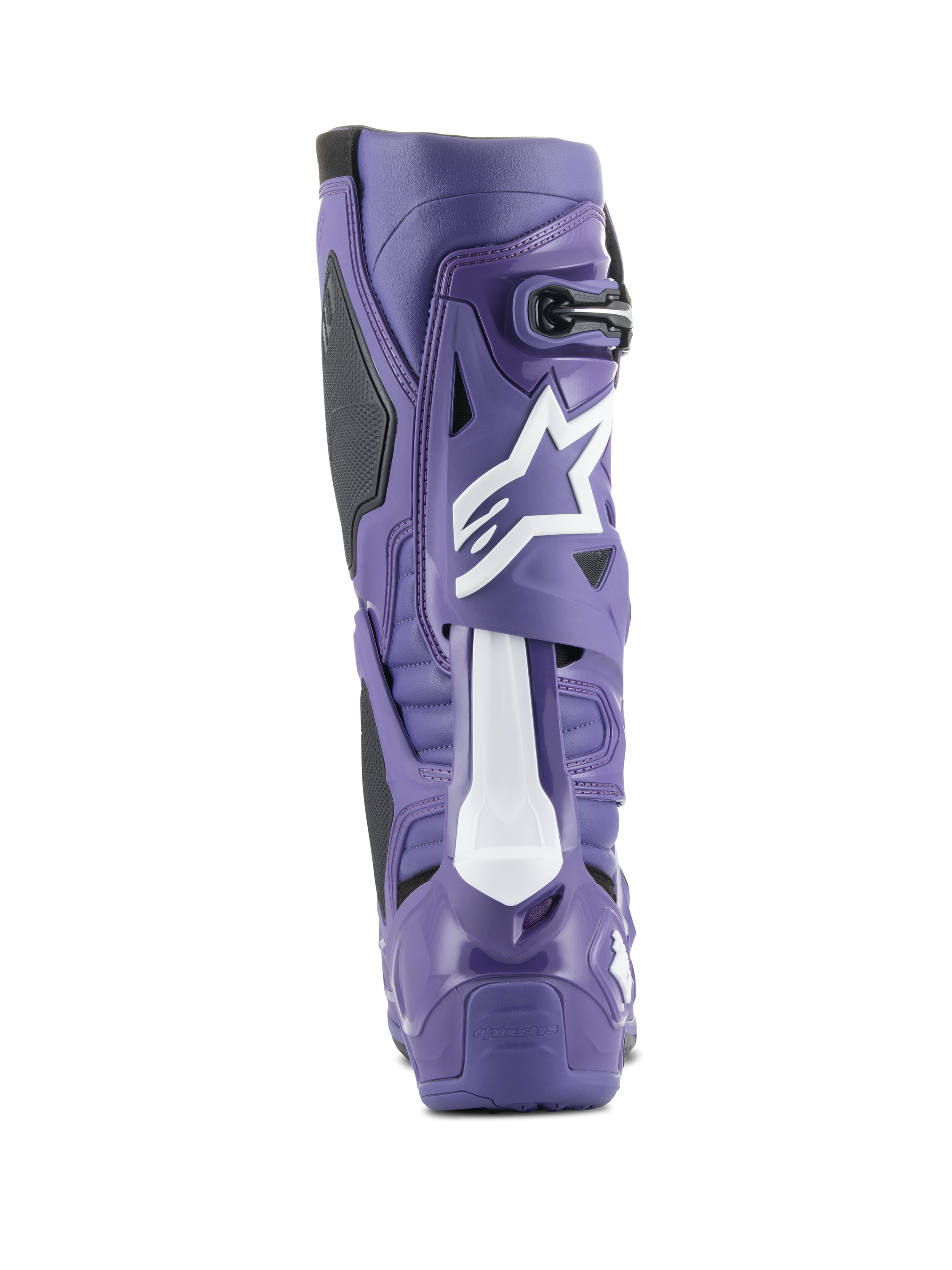 Alpinestars Tech 10 Motocross Boot, Ultraviolet and Black, rear view showing high-density TPU shell, white Astars logo on the calf, and reinforced heel for off-road racing