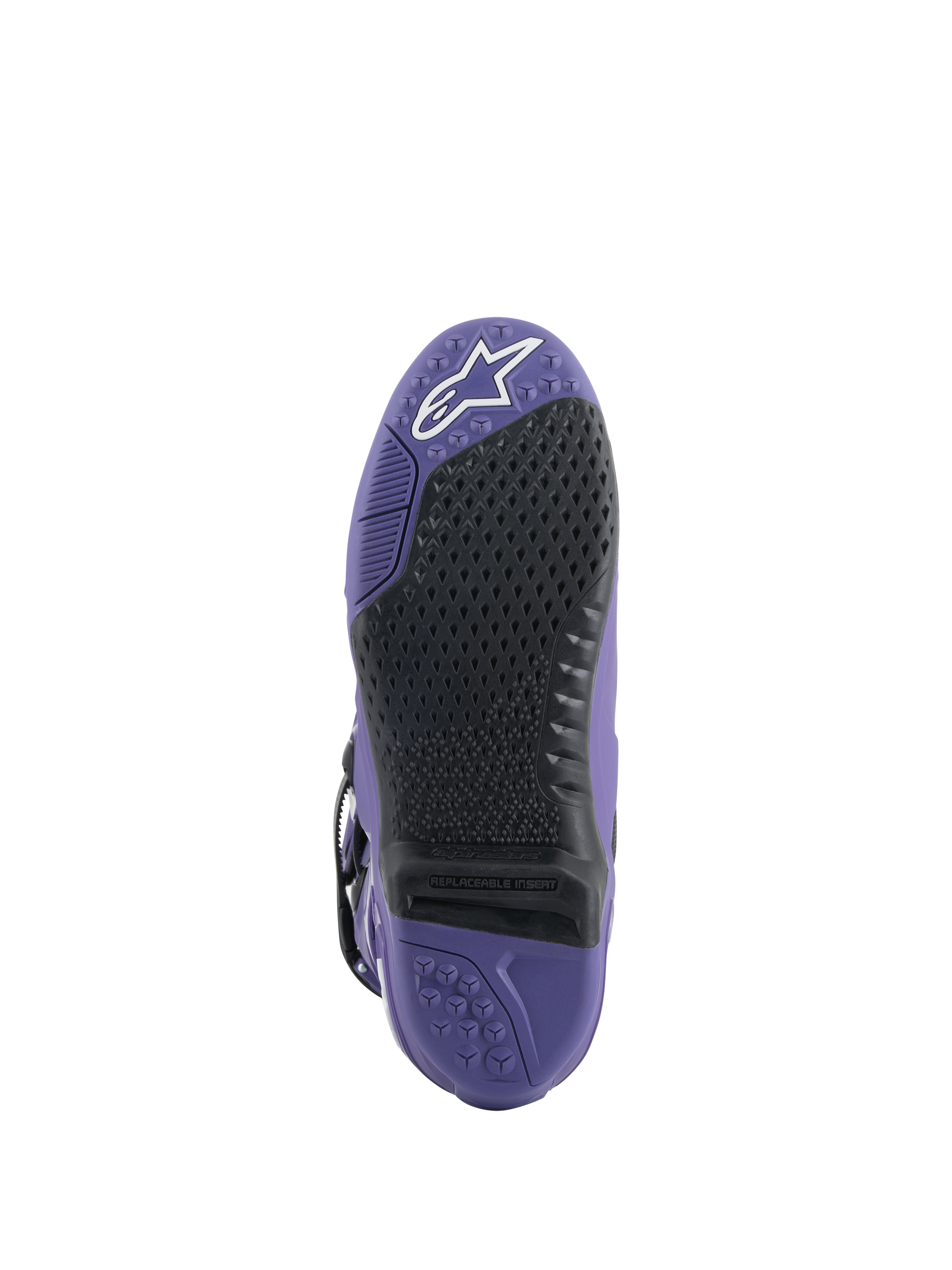 Alpinestars Tech 10 Boots, Motocross Boots, Ultraviolet Black, sole view featuring replaceable black grip insert, purple outsole with textured patterns and white star logo on the toe