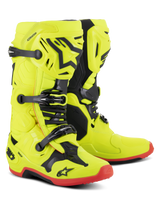 Alpinestars Tech 10 Boots, Motocross Boots, Yellow Fluo with Black and Red Fluo accents, triple buckle system, TPU shell with Alpinestars star logo, red soles, professional off-road racing gear